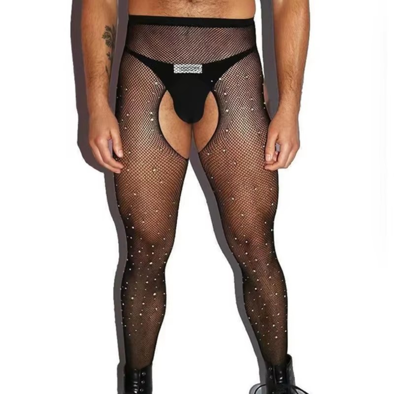 Crystal Mesh Fabric - Męskie rajstopy z otwartym krokiem, kabaretki,
