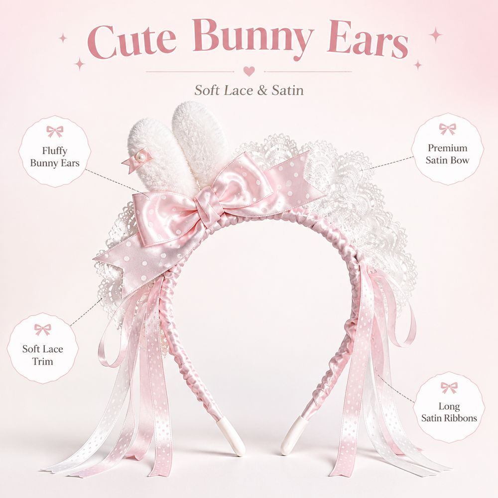Lace Ribbon Trim - Nowa opaska na głowę z uszami