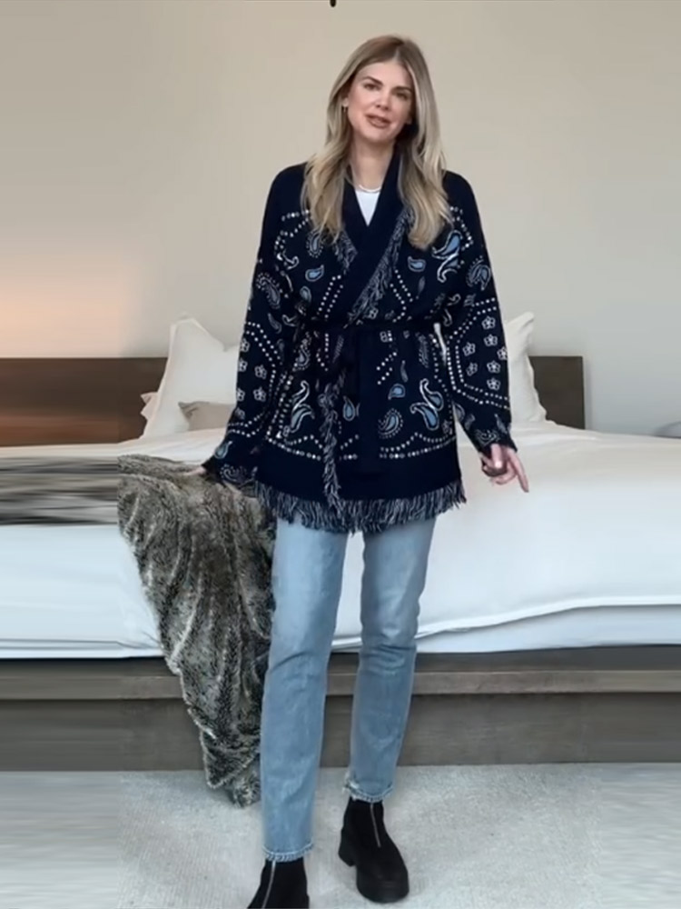 Tassel Fringe Trim - Elegancki kardigan z nadrukiem i frędzlami
